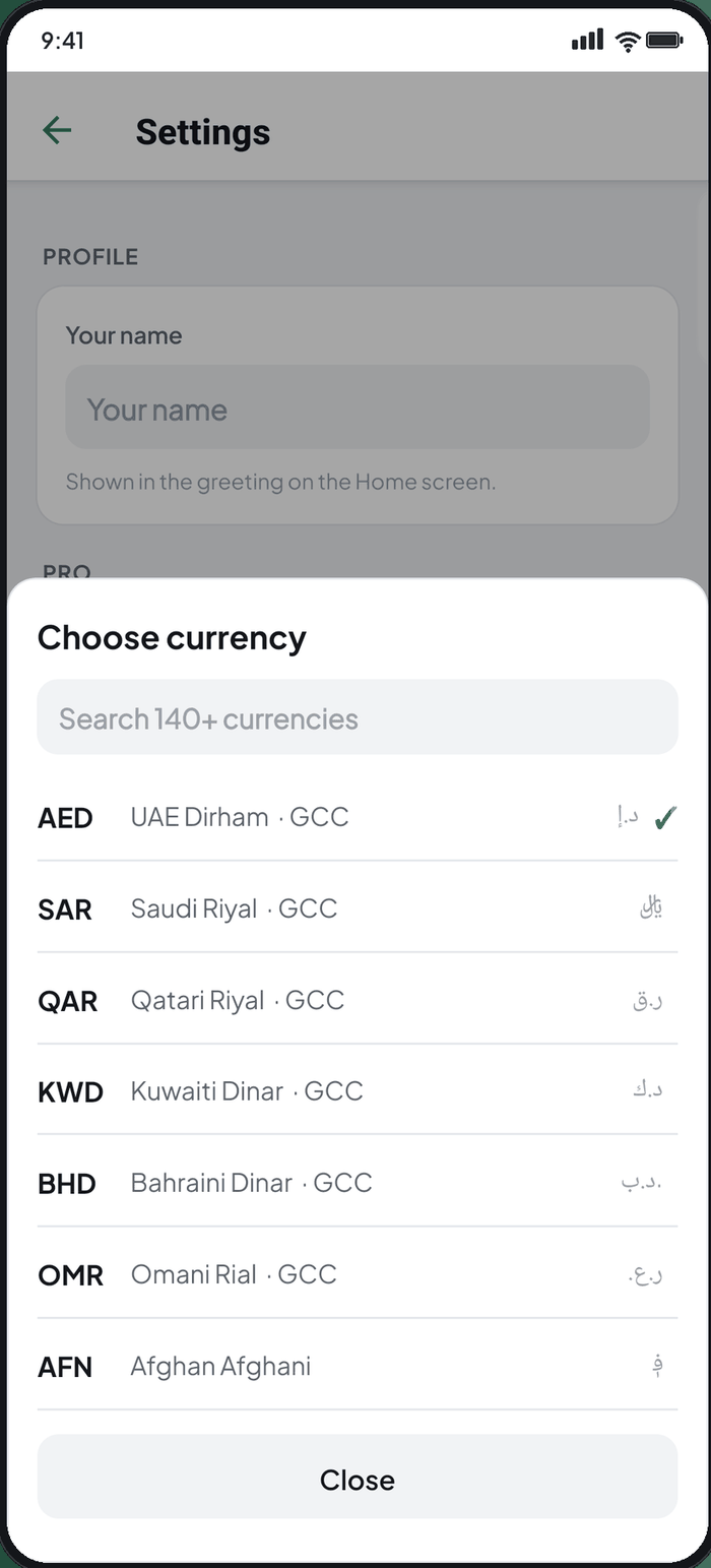 Budget Tracker currency selector with GCC currencies