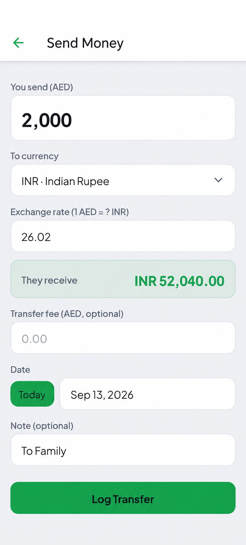 Form to record amount, exchange rate, fee and recipient note